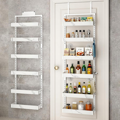Over the Door Pantry Organizer, 6-Tier Adjustable Basket Spice Rack | 2-IN-1 Door & Wall Mounted, Heavy Duty Metal Storage Shelf, 12 Hooks, Behind Door Organizer for Kitchen, Bathroom, Closet