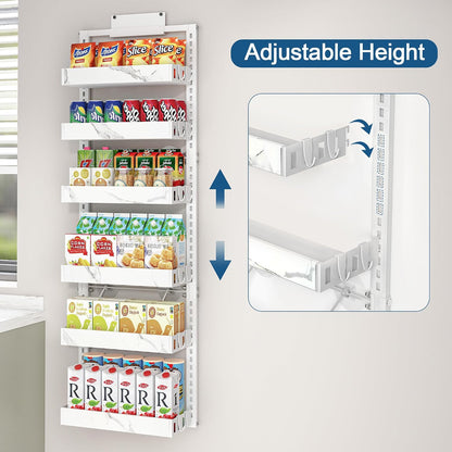 Over the Door Pantry Organizer, 6-Tier Adjustable Basket Spice Rack | 2-IN-1 Door & Wall Mounted, Heavy Duty Metal Storage Shelf, 12 Hooks, Behind Door Organizer for Kitchen, Bathroom, Closet