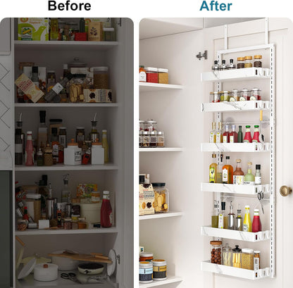 Over the Door Pantry Organizer, 6-Tier Adjustable Basket Spice Rack | 2-IN-1 Door & Wall Mounted, Heavy Duty Metal Storage Shelf, 12 Hooks, Behind Door Organizer for Kitchen, Bathroom, Closet