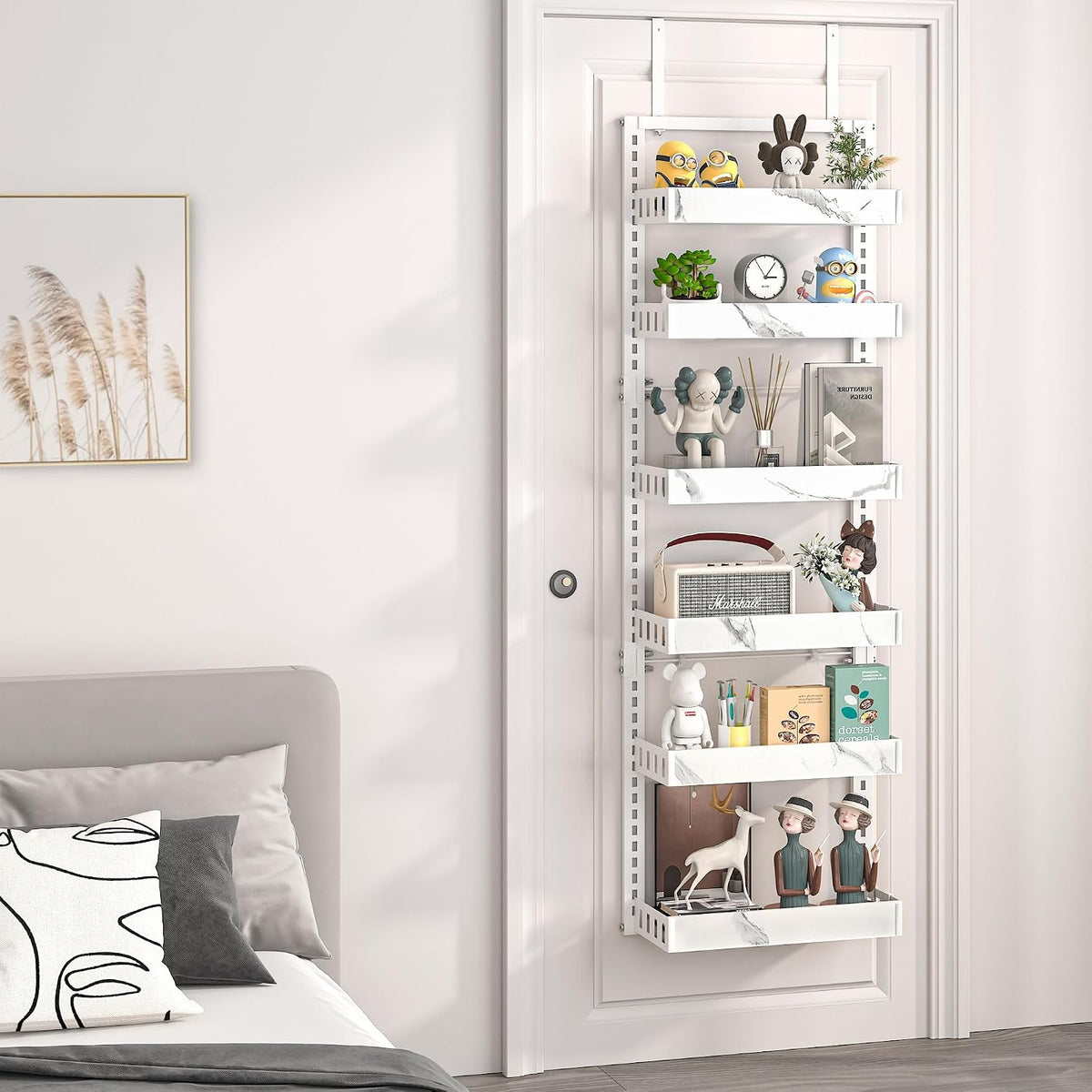 Over the Door Pantry Organizer, 6-Tier Adjustable Basket Spice Rack | 2-IN-1 Door & Wall Mounted, Heavy Duty Metal Storage Shelf, 12 Hooks, Behind Door Organizer for Kitchen, Bathroom, Closet