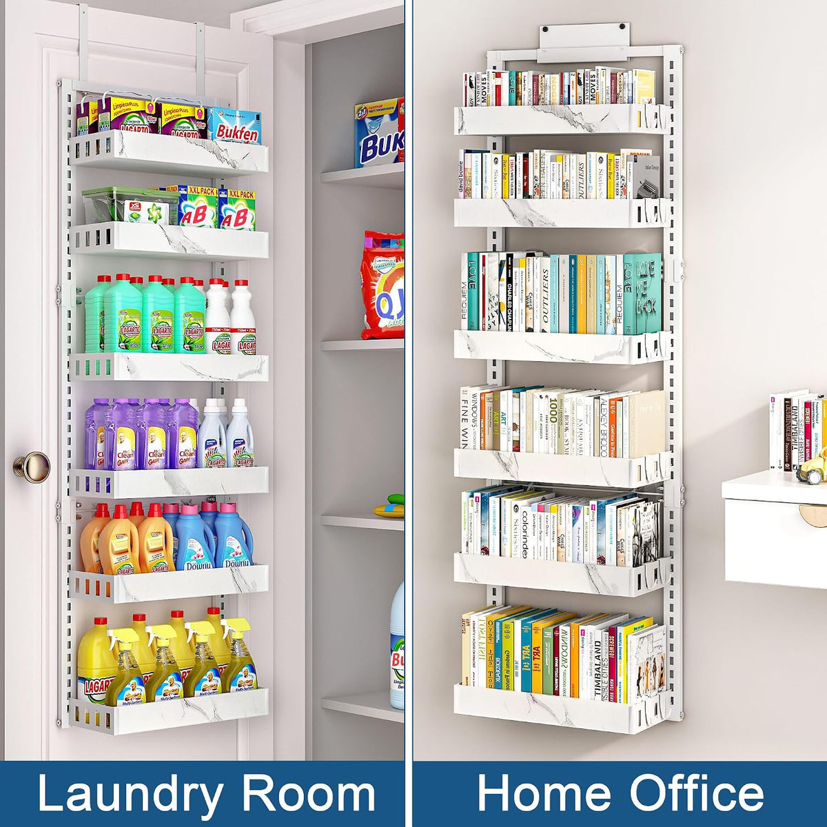 Over the Door Pantry Organizer, 6-Tier Adjustable Basket Spice Rack | 2-IN-1 Door & Wall Mounted, Heavy Duty Metal Storage Shelf, 12 Hooks, Behind Door Organizer for Kitchen, Bathroom, Closet