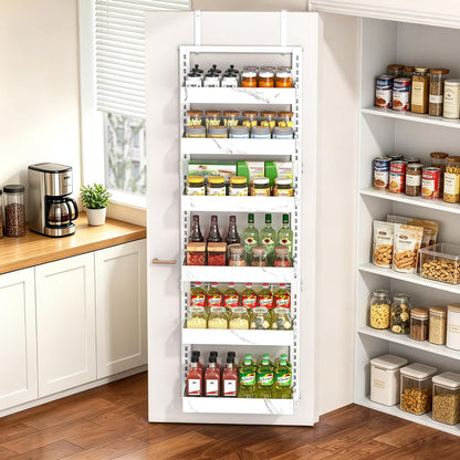 Over the Door Pantry Organizer, 6-Tier Adjustable Basket Spice Rack | 2-IN-1 Door & Wall Mounted, Heavy Duty Metal Storage Shelf, 12 Hooks, Behind Door Organizer for Kitchen, Bathroom, Closet