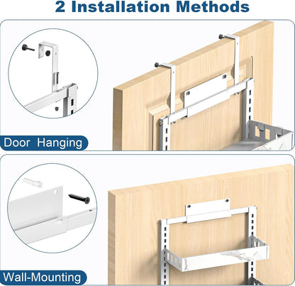 Over the Door Pantry Organizer, 6-Tier Adjustable Basket Spice Rack | 2-IN-1 Door & Wall Mounted, Heavy Duty Metal Storage Shelf, 12 Hooks, Behind Door Organizer for Kitchen, Bathroom, Closet