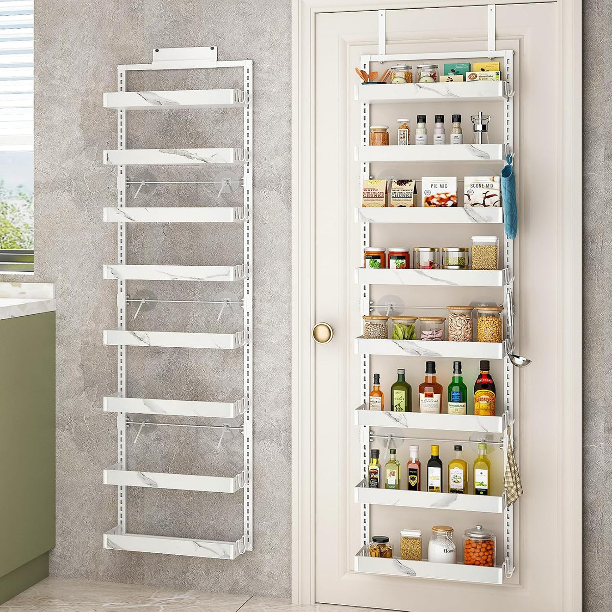 Over the Door Pantry Organizer, 6-Tier Adjustable Basket Spice Rack | 2-IN-1 Door & Wall Mounted, Heavy Duty Metal Storage Shelf, 12 Hooks, Behind Door Organizer for Kitchen, Bathroom, Closet