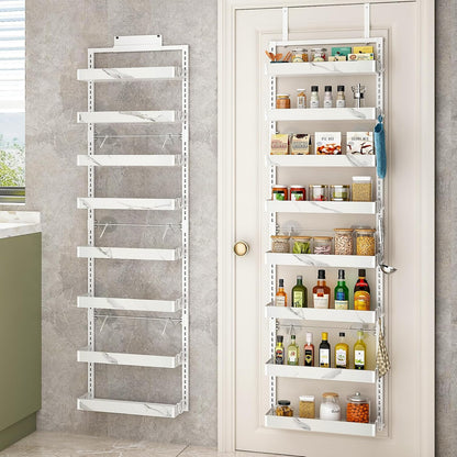 Over the Door Pantry Organizer, 6-Tier Adjustable Basket Spice Rack | 2-IN-1 Door & Wall Mounted, Heavy Duty Metal Storage Shelf, 12 Hooks, Behind Door Organizer for Kitchen, Bathroom, Closet