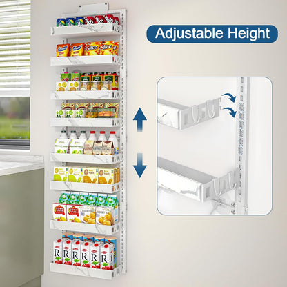 Over the Door Pantry Organizer, 6-Tier Adjustable Basket Spice Rack | 2-IN-1 Door & Wall Mounted, Heavy Duty Metal Storage Shelf, 12 Hooks, Behind Door Organizer for Kitchen, Bathroom, Closet
