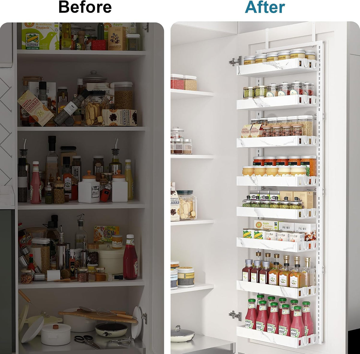Over the Door Pantry Organizer, 6-Tier Adjustable Basket Spice Rack | 2-IN-1 Door & Wall Mounted, Heavy Duty Metal Storage Shelf, 12 Hooks, Behind Door Organizer for Kitchen, Bathroom, Closet