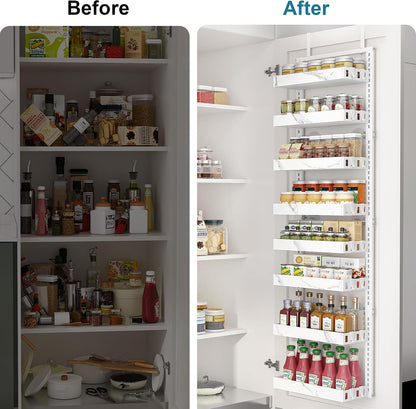 Over the Door Pantry Organizer, 6-Tier Adjustable Basket Spice Rack | 2-IN-1 Door & Wall Mounted, Heavy Duty Metal Storage Shelf, 12 Hooks, Behind Door Organizer for Kitchen, Bathroom, Closet