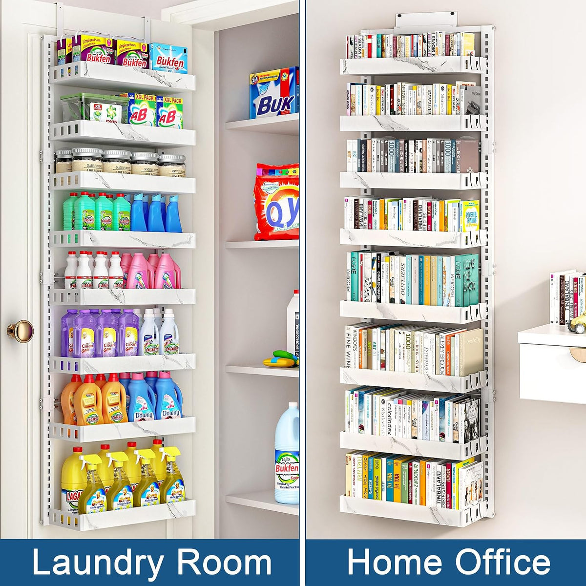 Over the Door Pantry Organizer, 6-Tier Adjustable Basket Spice Rack | 2-IN-1 Door & Wall Mounted, Heavy Duty Metal Storage Shelf, 12 Hooks, Behind Door Organizer for Kitchen, Bathroom, Closet