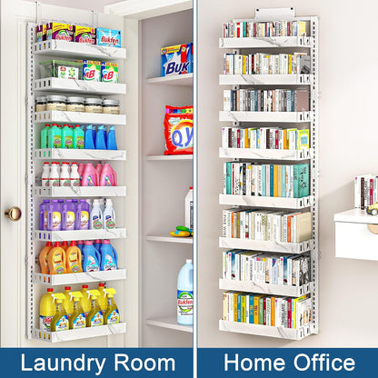 Over the Door Pantry Organizer, 6-Tier Adjustable Basket Spice Rack | 2-IN-1 Door & Wall Mounted, Heavy Duty Metal Storage Shelf, 12 Hooks, Behind Door Organizer for Kitchen, Bathroom, Closet