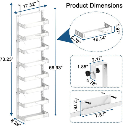 Over the Door Pantry Organizer, 6-Tier Adjustable Basket Spice Rack | 2-IN-1 Door & Wall Mounted, Heavy Duty Metal Storage Shelf, 12 Hooks, Behind Door Organizer for Kitchen, Bathroom, Closet