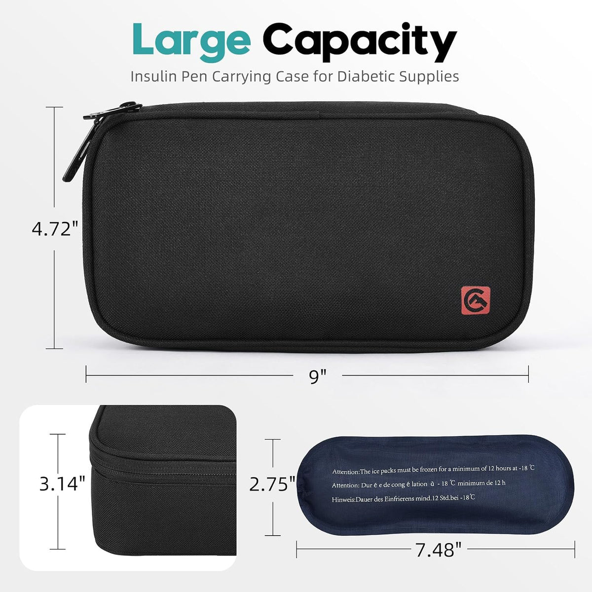 ALLCAMP Insulin Travel Cooler Case, Large Capacity, 4 Ice Packs, Gray | Fits all vial & syringe sizes, multi-pocket organizer, insulation, compact, travel, daily use, diabetic care