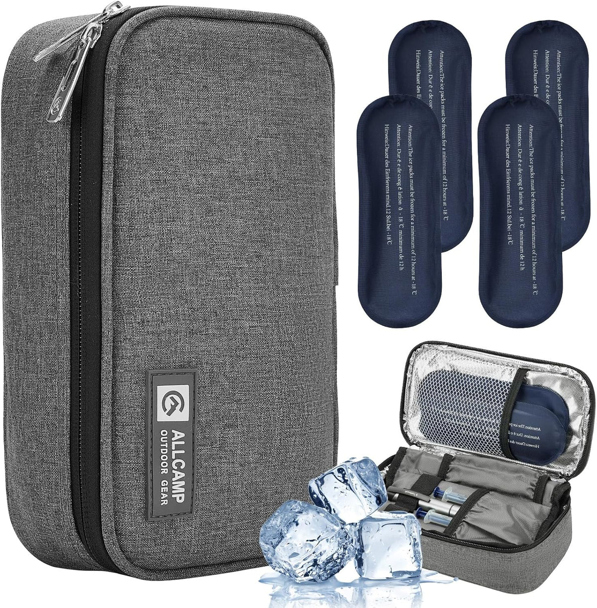 ALLCAMP Insulin Travel Cooler Case, Large Capacity, 4 Ice Packs, Gray | Fits all vial & syringe sizes, multi-pocket organizer, insulation, compact, travel, daily use, diabetic care
