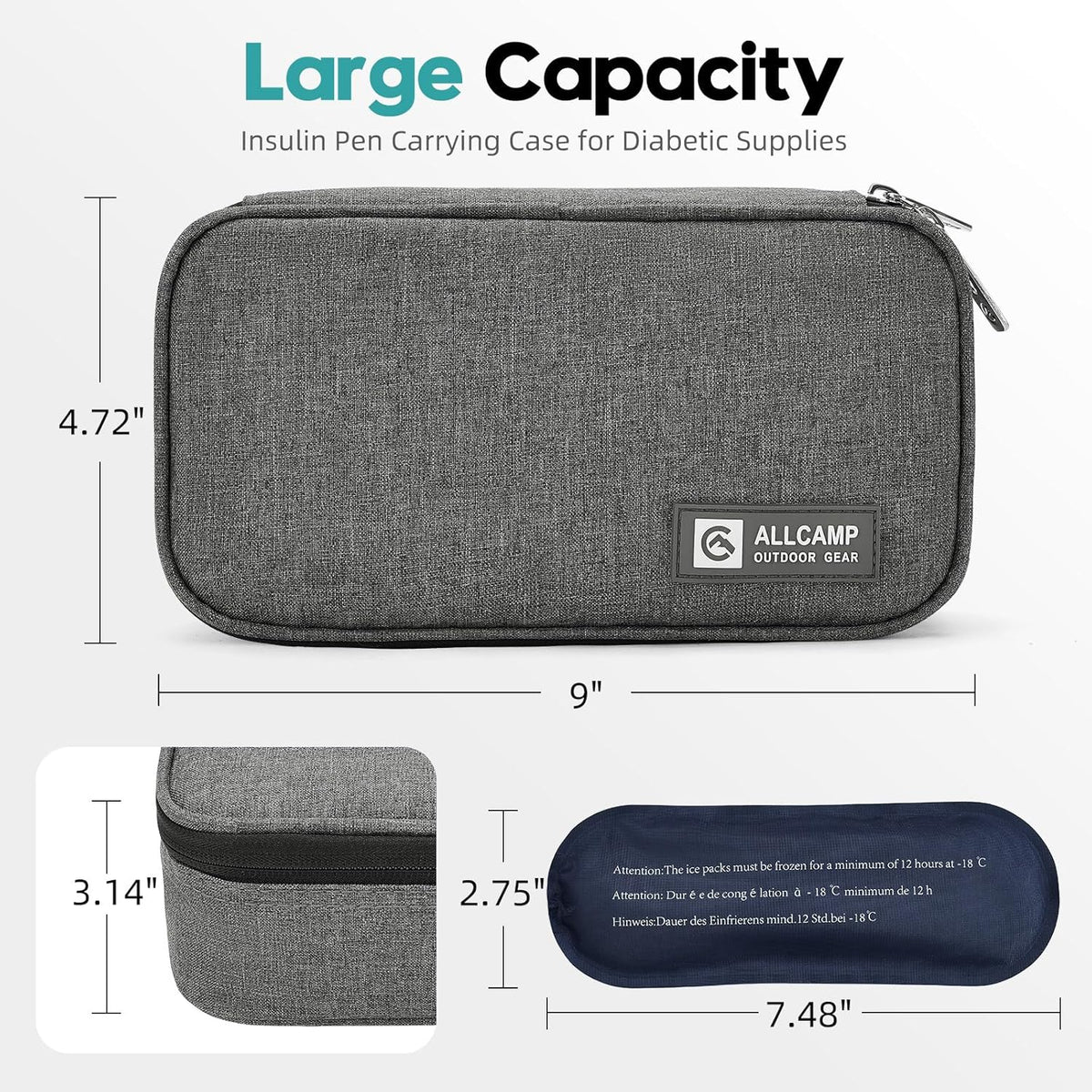 ALLCAMP Insulin Travel Cooler Case, Large Capacity, 4 Ice Packs, Gray | Fits all vial & syringe sizes, multi-pocket organizer, insulation, compact, travel, daily use, diabetic care