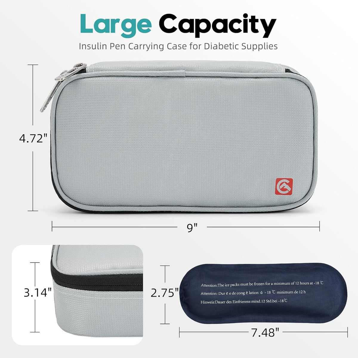 ALLCAMP Insulin Travel Cooler Case, Large Capacity, 4 Ice Packs, Gray | Fits all vial & syringe sizes, multi-pocket organizer, insulation, compact, travel, daily use, diabetic care