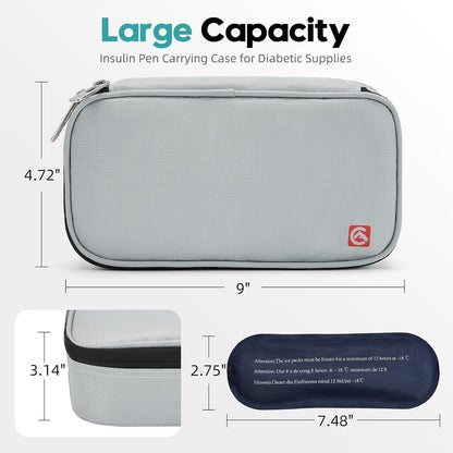 ALLCAMP Insulin Travel Cooler Case, Large Capacity, 4 Ice Packs, Gray | Fits all vial & syringe sizes, multi-pocket organizer, insulation, compact, travel, daily use, diabetic care