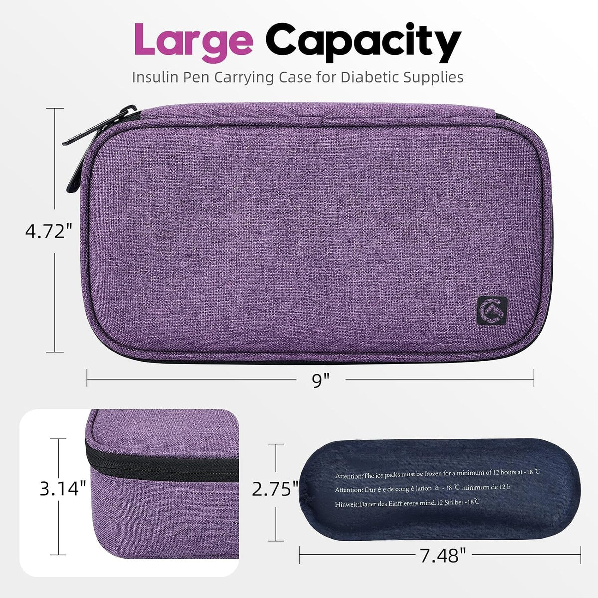 ALLCAMP Insulin Travel Cooler Case, Large Capacity, 4 Ice Packs, Gray | Fits all vial & syringe sizes, multi-pocket organizer, insulation, compact, travel, daily use, diabetic care