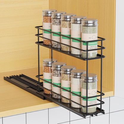 Pull Out Spice Rack Organizer for Cabinet, Slide Out Spice Racks, Easy to Install Spice Cabinet Organizers, 7.4" Wx10.43 Dx8.26 H, 3 Drawers 2 Tiers(Black)