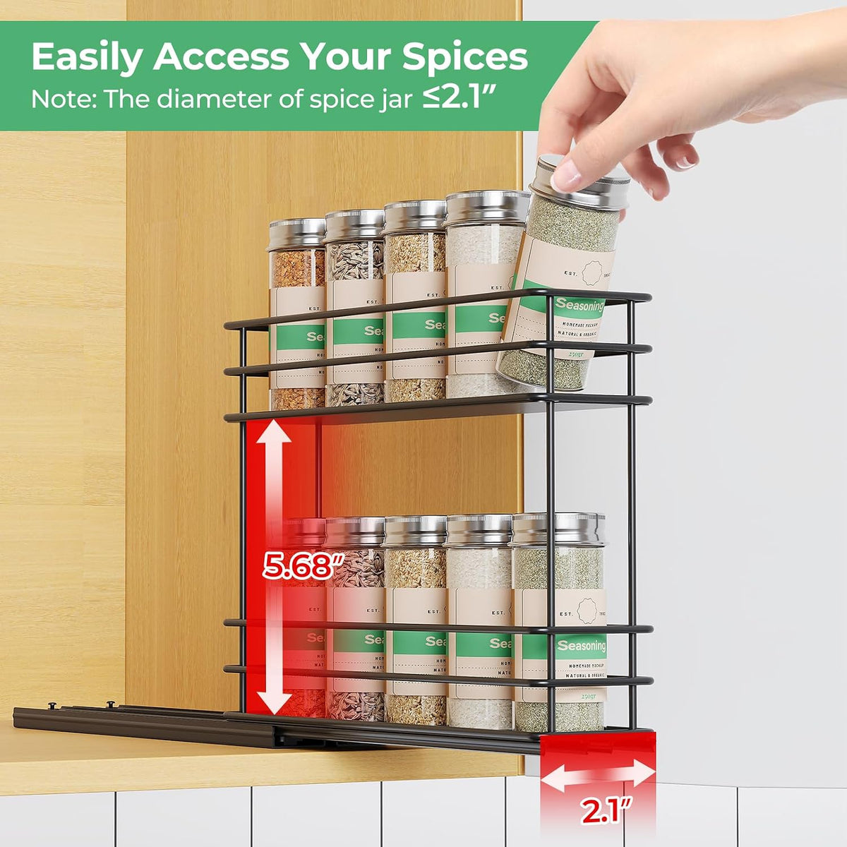 Pull Out Spice Rack Organizer for Cabinet, Slide Out Spice Racks, Easy to Install Spice Cabinet Organizers, 7.4" Wx10.43 Dx8.26 H, 3 Drawers 2 Tiers(Black)