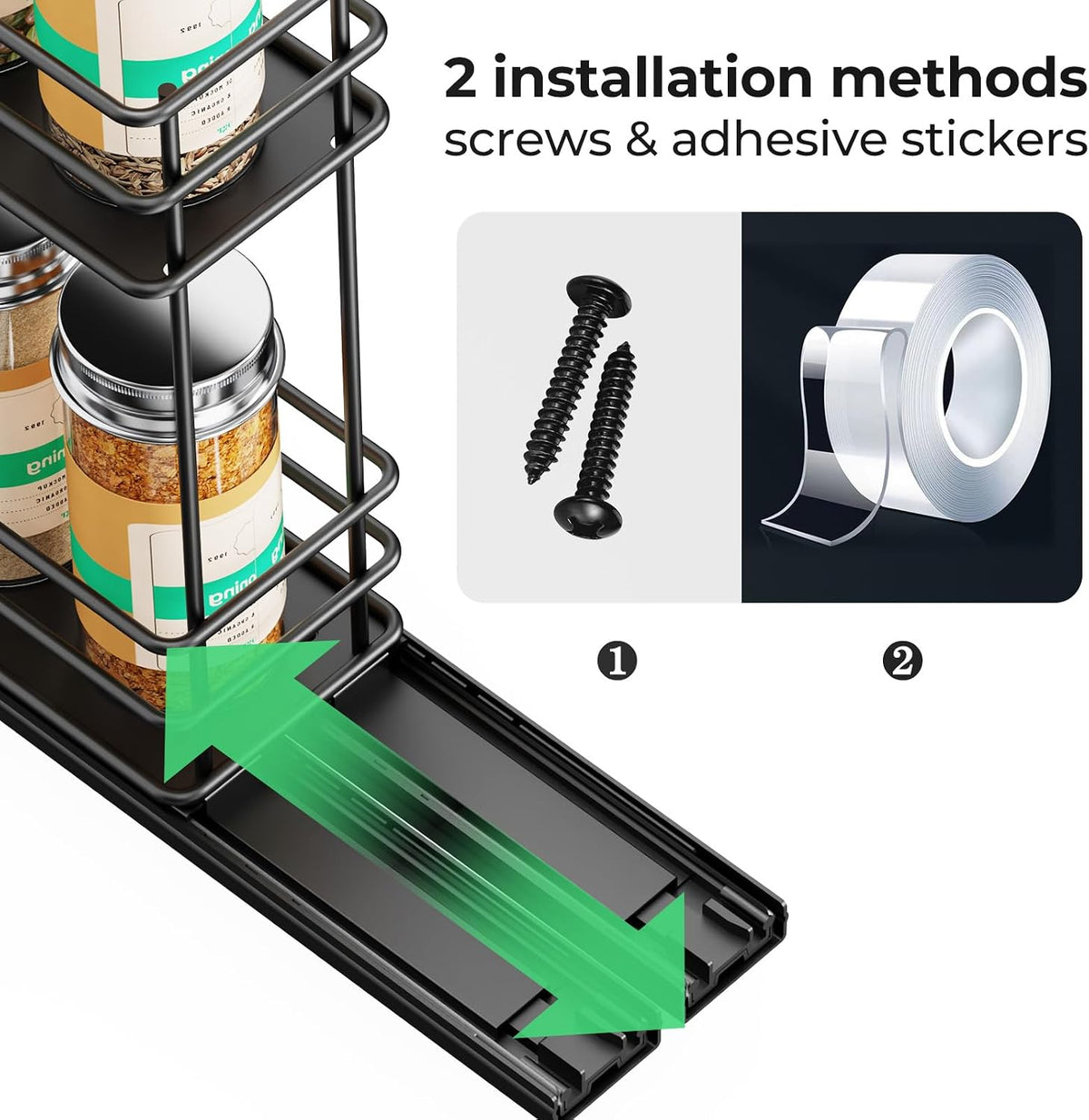 Pull Out Spice Rack Organizer for Cabinet, Slide Out Spice Racks, Easy to Install Spice Cabinet Organizers, 7.4" Wx10.43 Dx8.26 H, 3 Drawers 2 Tiers(Black)