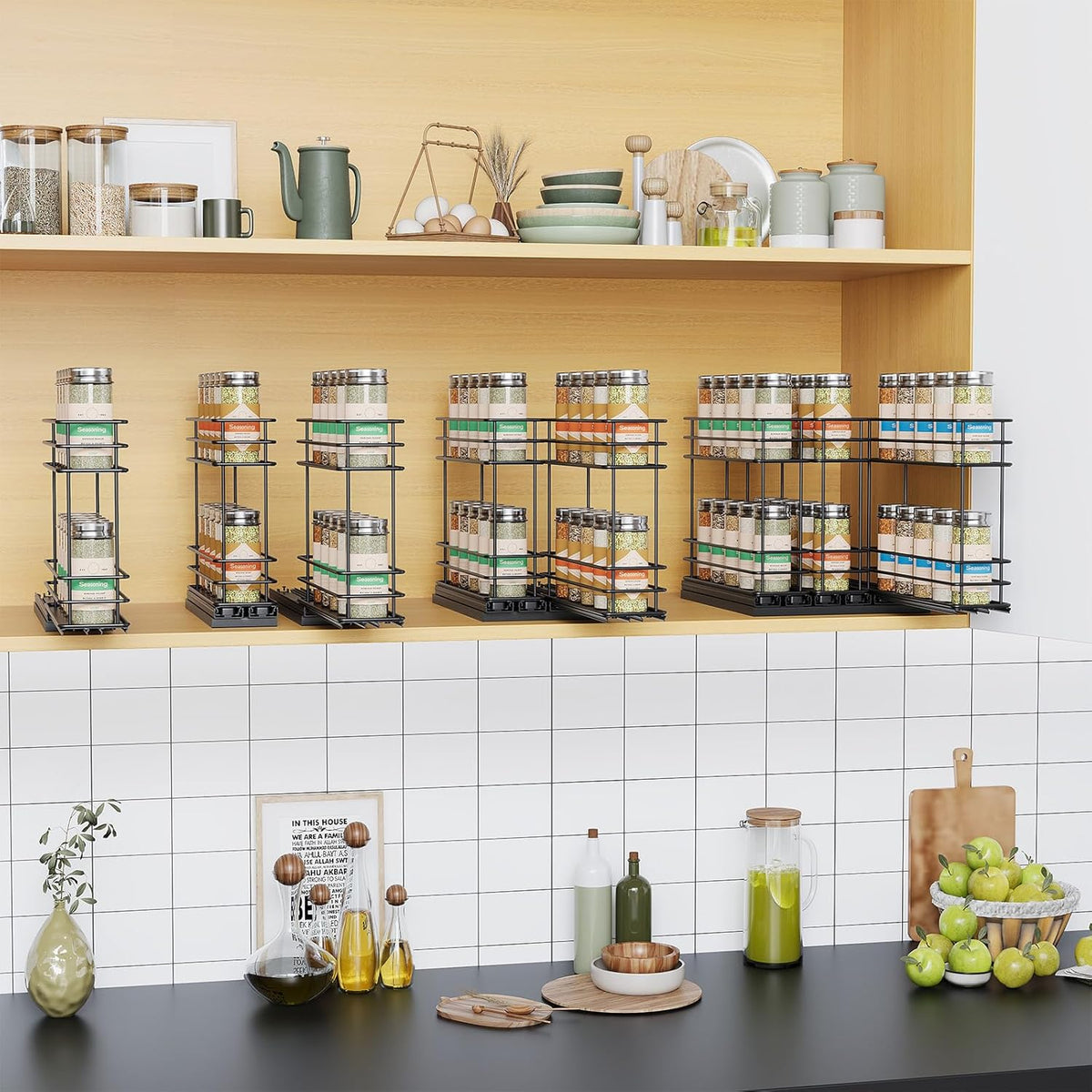 Pull Out Spice Rack Organizer for Cabinet, Slide Out Spice Racks, Easy to Install Spice Cabinet Organizers, 7.4" Wx10.43 Dx8.26 H, 3 Drawers 2 Tiers(Black)