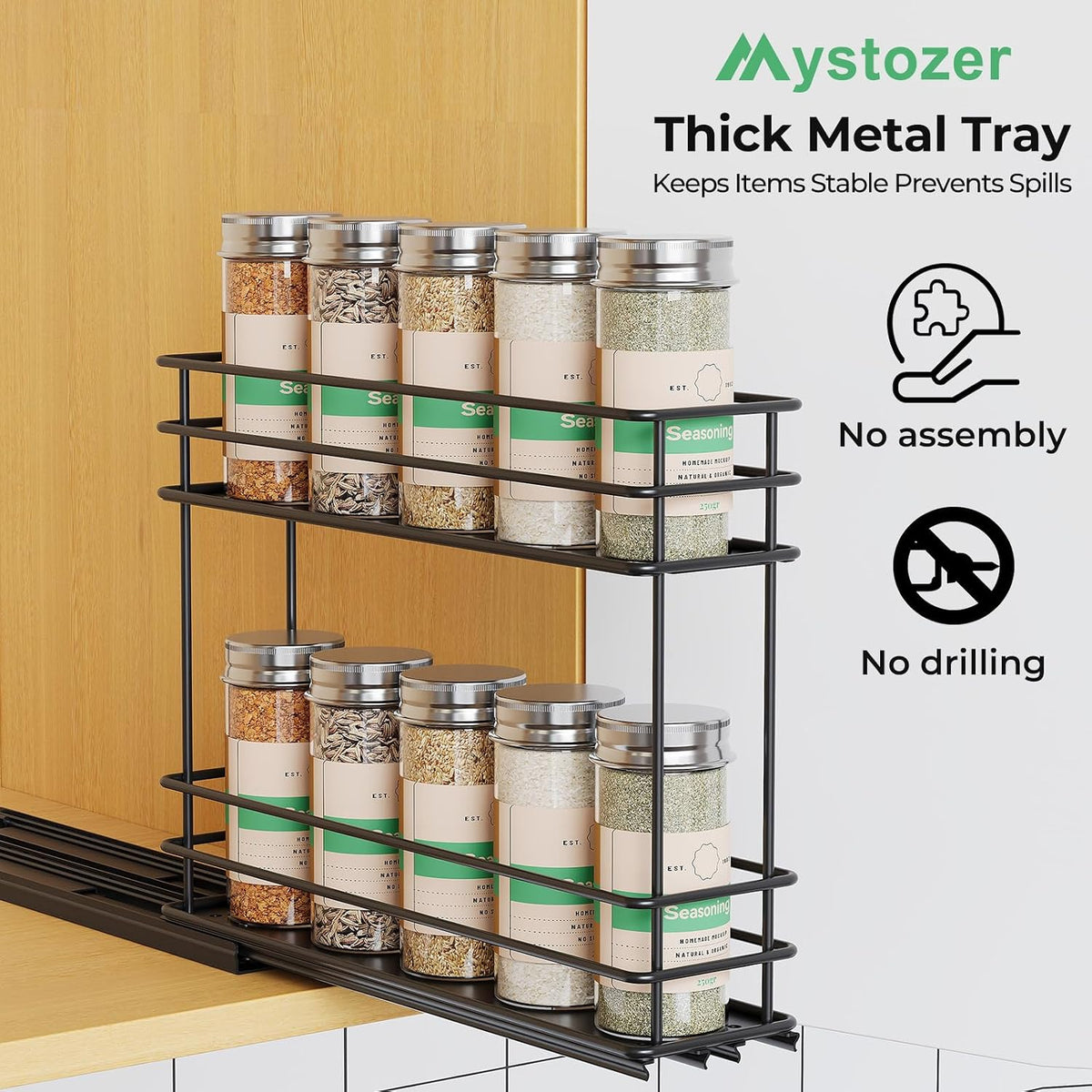Pull Out Spice Rack Organizer for Cabinet, Slide Out Spice Racks, Easy to Install Spice Cabinet Organizers, 7.4" Wx10.43 Dx8.26 H, 3 Drawers 2 Tiers(Black)