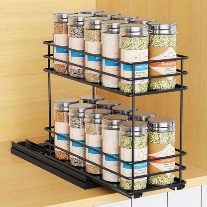 Pull Out Spice Rack Organizer for Cabinet, Slide Out Spice Racks, Easy to Install Spice Cabinet Organizers, 7.4" Wx10.43 Dx8.26 H, 3 Drawers 2 Tiers(Black)