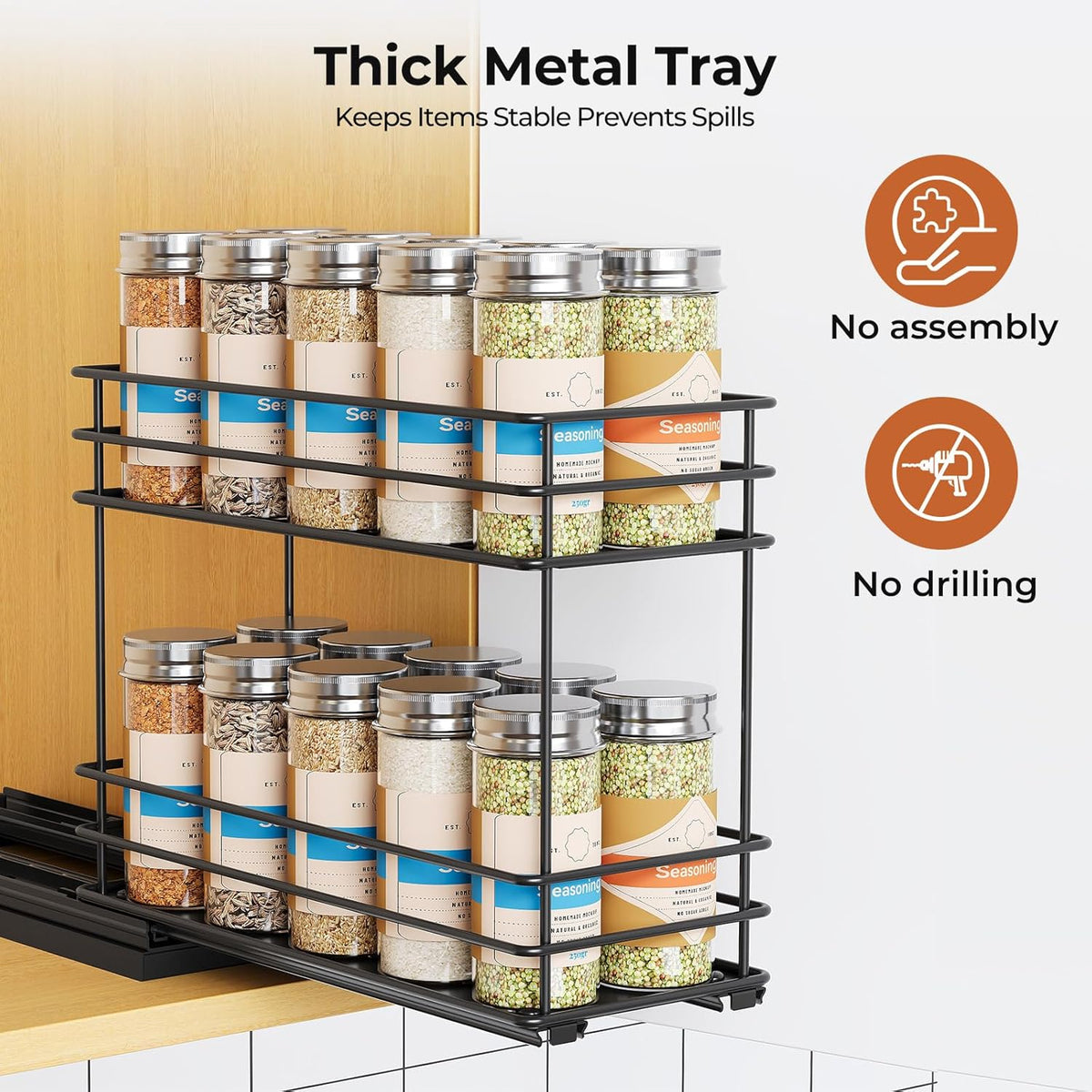 Pull Out Spice Rack Organizer for Cabinet, Slide Out Spice Racks, Easy to Install Spice Cabinet Organizers, 7.4" Wx10.43 Dx8.26 H, 3 Drawers 2 Tiers(Black)