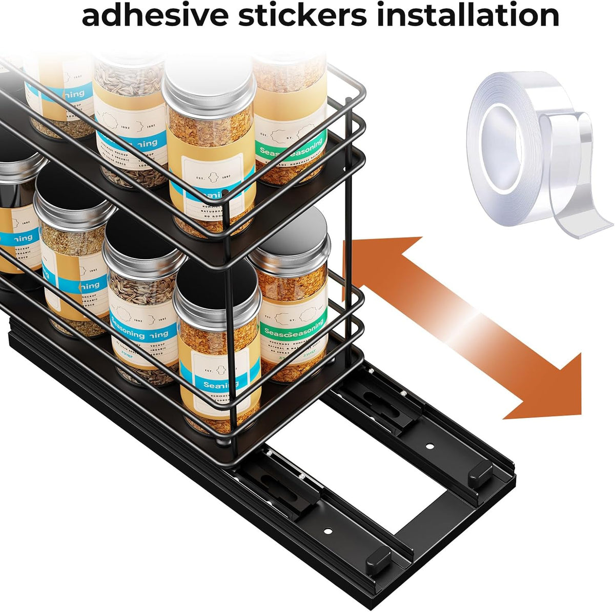 Pull Out Spice Rack Organizer for Cabinet, Slide Out Spice Racks, Easy to Install Spice Cabinet Organizers, 7.4" Wx10.43 Dx8.26 H, 3 Drawers 2 Tiers(Black)