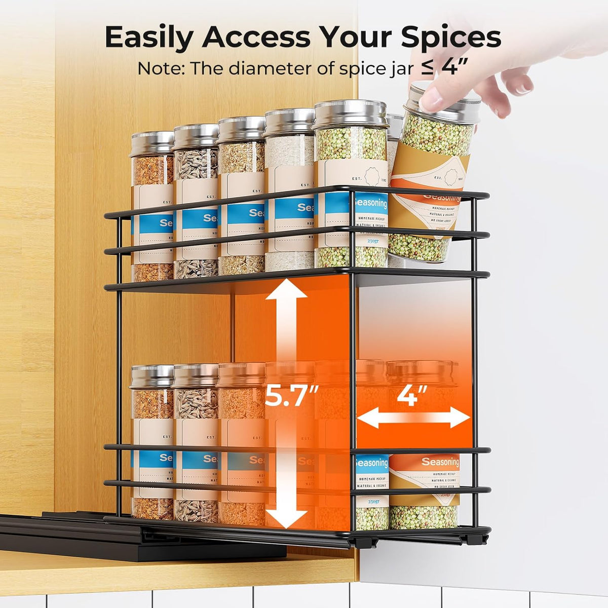 Pull Out Spice Rack Organizer for Cabinet, Slide Out Spice Racks, Easy to Install Spice Cabinet Organizers, 7.4" Wx10.43 Dx8.26 H, 3 Drawers 2 Tiers(Black)