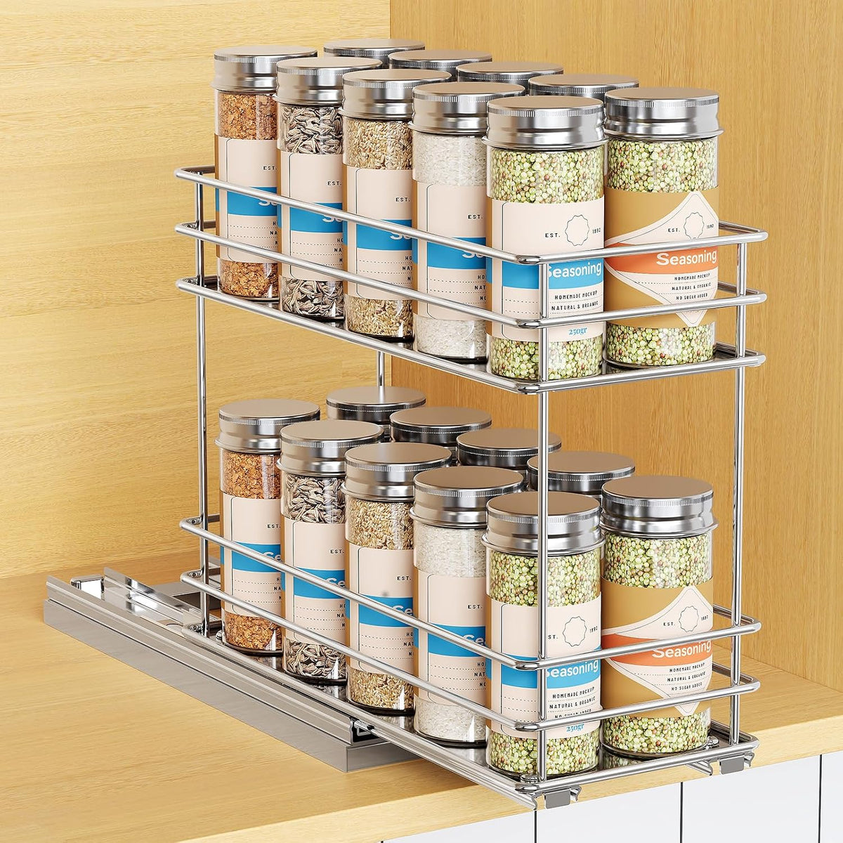 Pull Out Spice Rack Organizer for Cabinet, Slide Out Spice Racks, Easy to Install Spice Cabinet Organizers, 7.4" Wx10.43 Dx8.26 H, 3 Drawers 2 Tiers(Black)