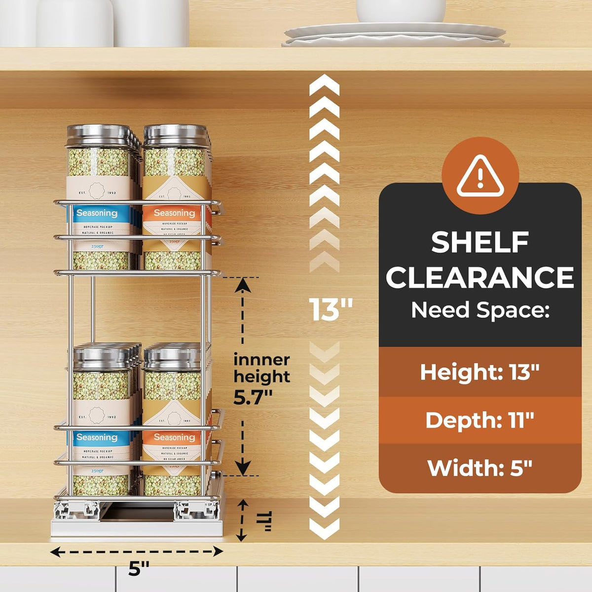 Pull Out Spice Rack Organizer for Cabinet, Slide Out Spice Racks, Easy to Install Spice Cabinet Organizers, 7.4" Wx10.43 Dx8.26 H, 3 Drawers 2 Tiers(Black)