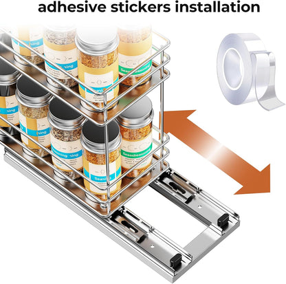 Pull Out Spice Rack Organizer for Cabinet, Slide Out Spice Racks, Easy to Install Spice Cabinet Organizers, 7.4" Wx10.43 Dx8.26 H, 3 Drawers 2 Tiers(Black)