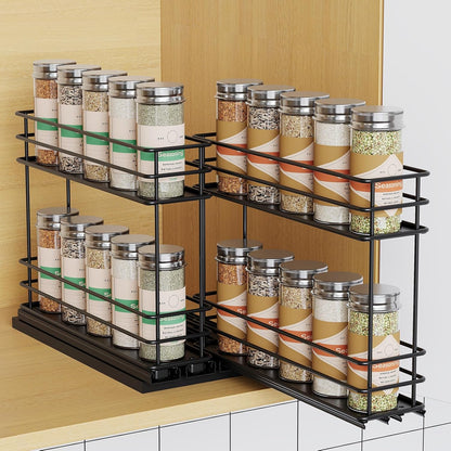 Pull Out Spice Rack Organizer for Cabinet, Slide Out Spice Racks, Easy to Install Spice Cabinet Organizers, 7.4" Wx10.43 Dx8.26 H, 3 Drawers 2 Tiers(Black)