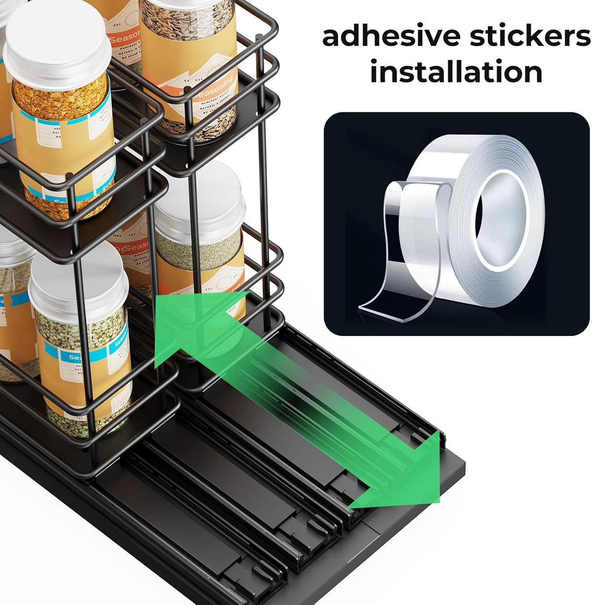 Pull Out Spice Rack Organizer for Cabinet, Slide Out Spice Racks, Easy to Install Spice Cabinet Organizers, 7.4" Wx10.43 Dx8.26 H, 3 Drawers 2 Tiers(Black)