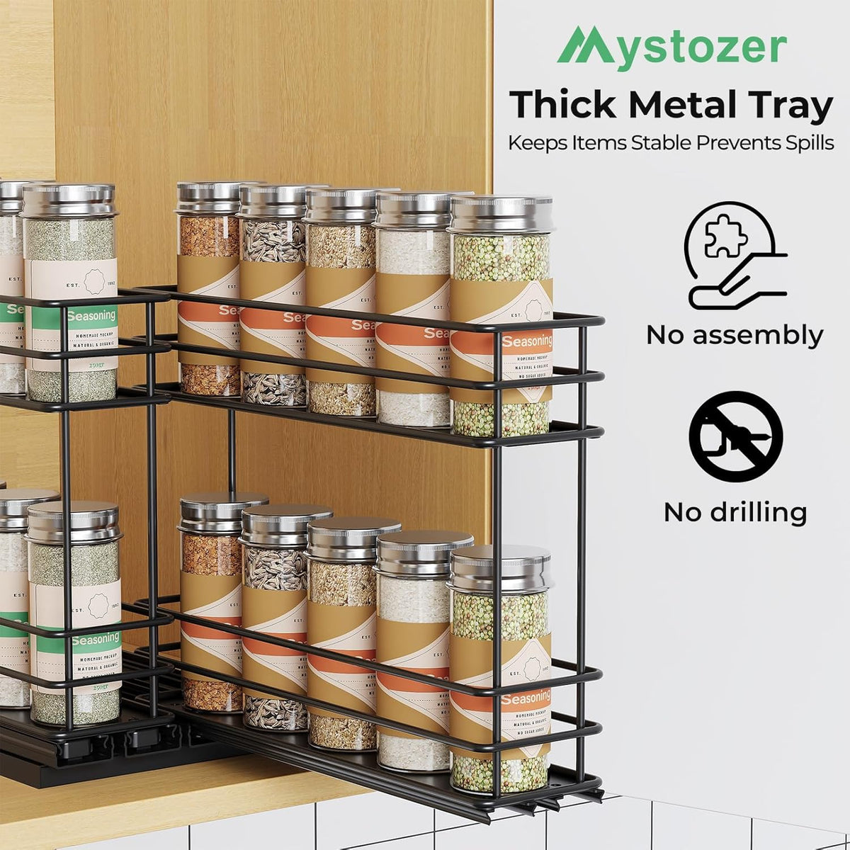 Pull Out Spice Rack Organizer for Cabinet, Slide Out Spice Racks, Easy to Install Spice Cabinet Organizers, 7.4" Wx10.43 Dx8.26 H, 3 Drawers 2 Tiers(Black)