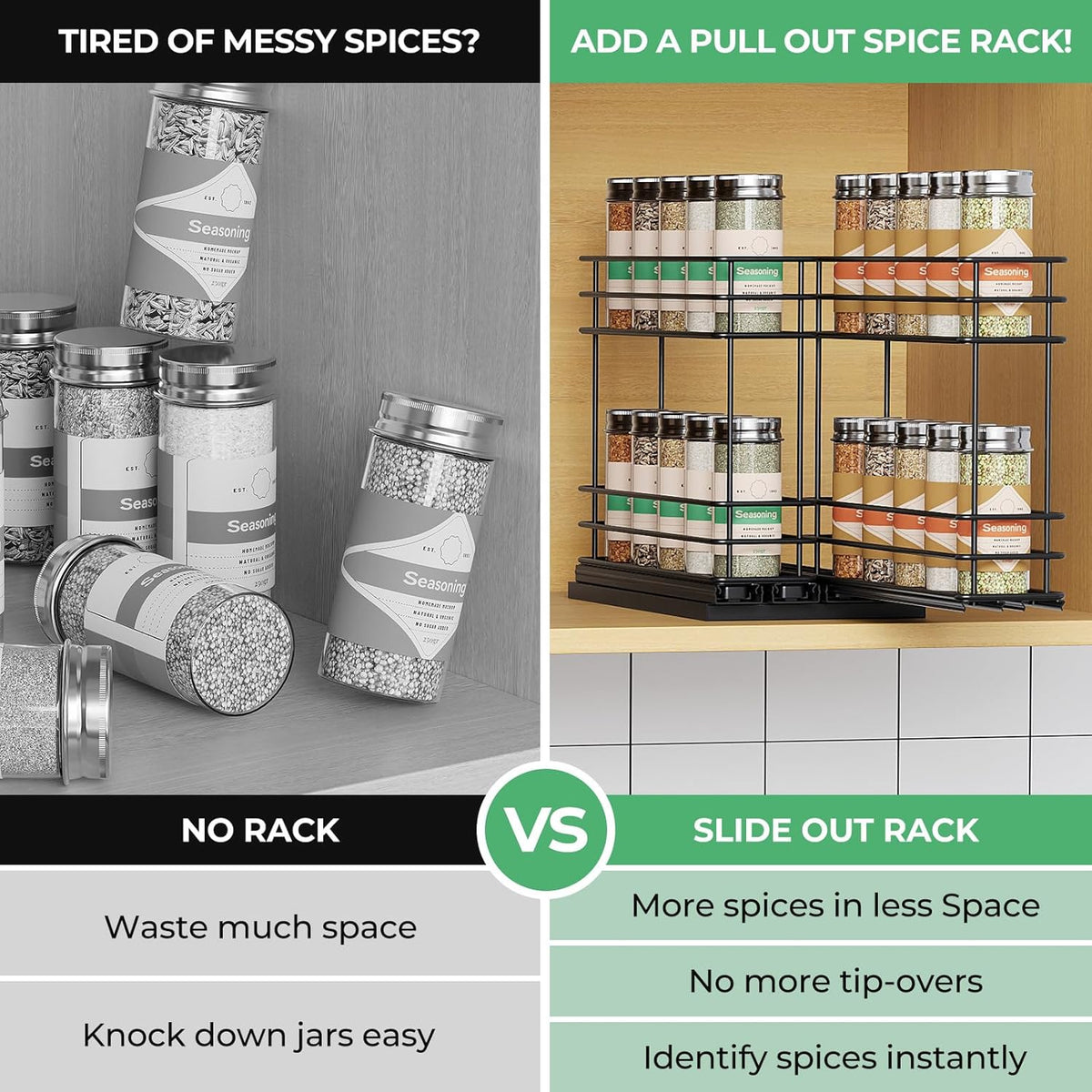 Pull Out Spice Rack Organizer for Cabinet, Slide Out Spice Racks, Easy to Install Spice Cabinet Organizers, 7.4" Wx10.43 Dx8.26 H, 3 Drawers 2 Tiers(Black)