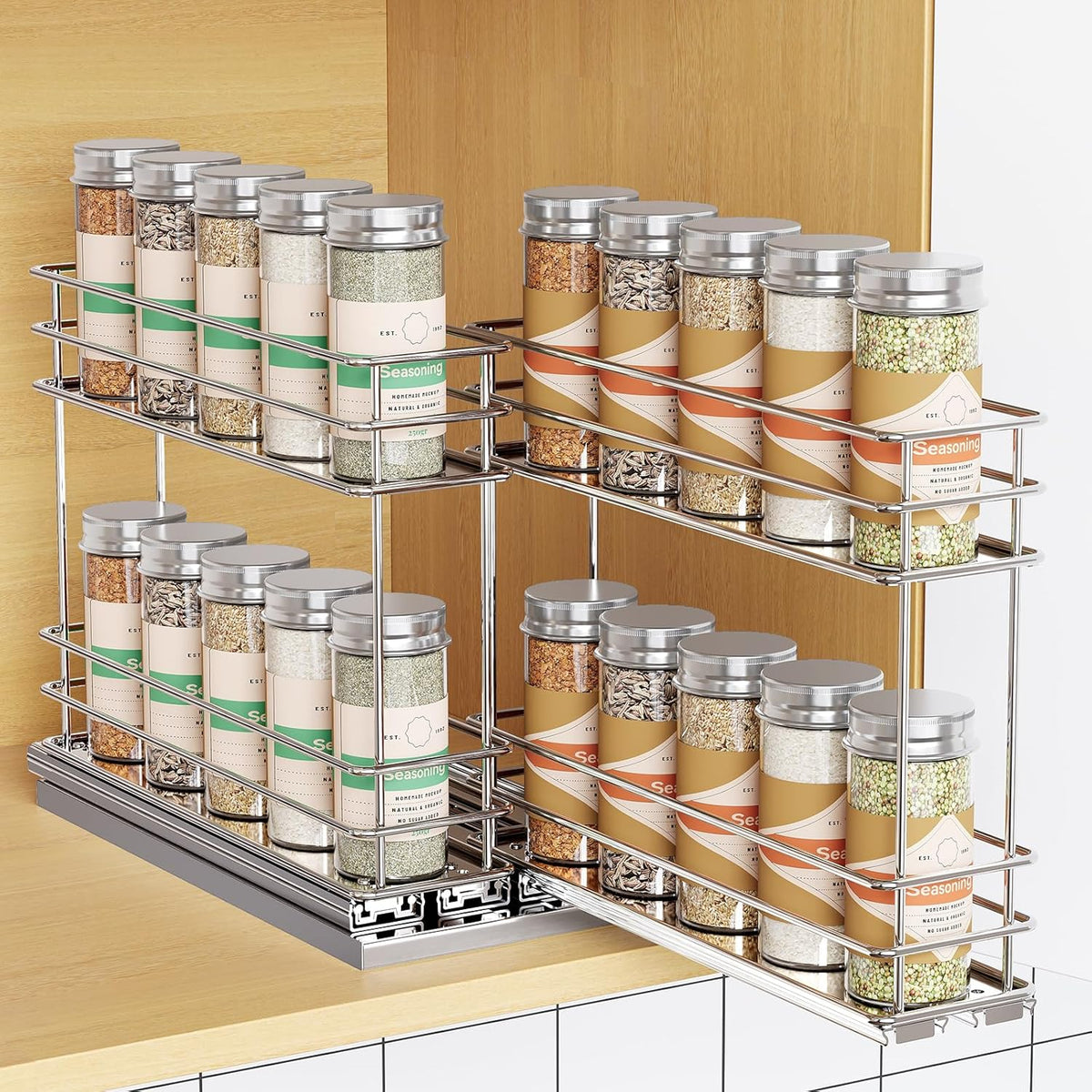 Pull Out Spice Rack Organizer for Cabinet, Slide Out Spice Racks, Easy to Install Spice Cabinet Organizers, 7.4" Wx10.43 Dx8.26 H, 3 Drawers 2 Tiers(Black)