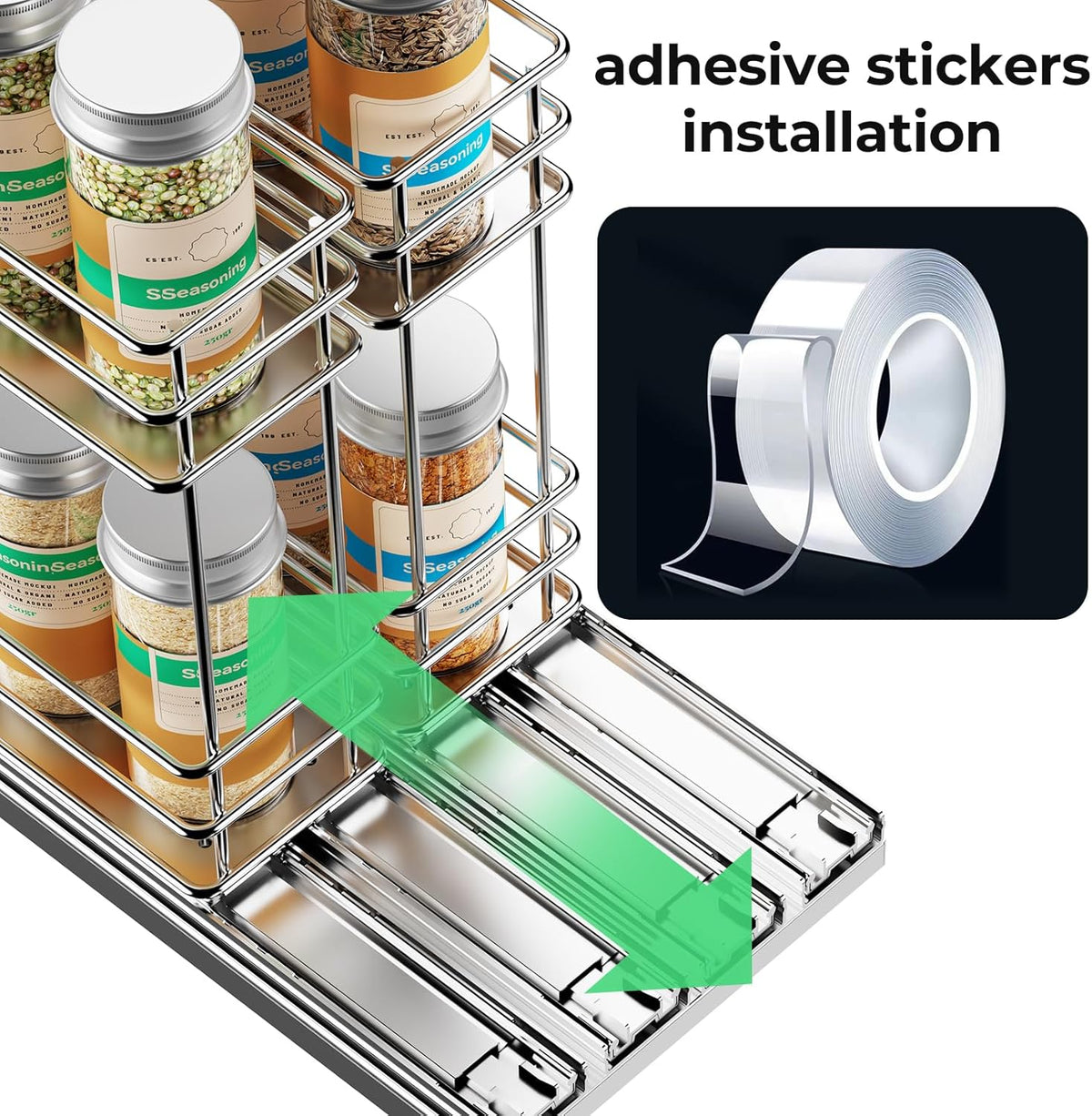 Pull Out Spice Rack Organizer for Cabinet, Slide Out Spice Racks, Easy to Install Spice Cabinet Organizers, 7.4" Wx10.43 Dx8.26 H, 3 Drawers 2 Tiers(Black)