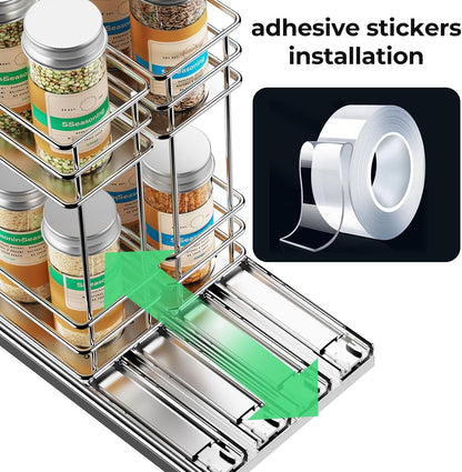Pull Out Spice Rack Organizer for Cabinet, Slide Out Spice Racks, Easy to Install Spice Cabinet Organizers, 7.4" Wx10.43 Dx8.26 H, 3 Drawers 2 Tiers(Black)