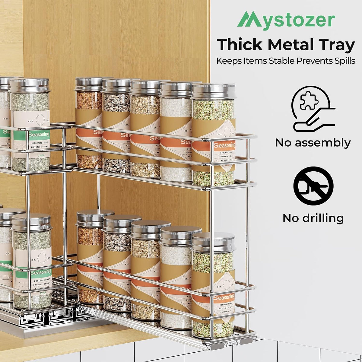 Pull Out Spice Rack Organizer for Cabinet, Slide Out Spice Racks, Easy to Install Spice Cabinet Organizers, 7.4" Wx10.43 Dx8.26 H, 3 Drawers 2 Tiers(Black)