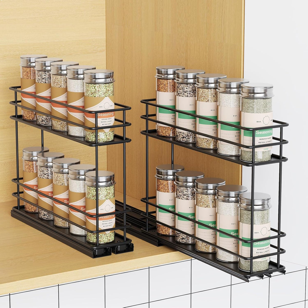 Pull Out Spice Rack Organizer for Cabinet, Slide Out Spice Racks, Easy to Install Spice Cabinet Organizers, 7.4" Wx10.43 Dx8.26 H, 3 Drawers 2 Tiers(Black)