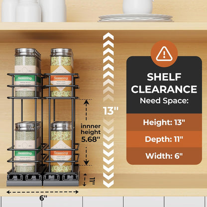 Pull Out Spice Rack Organizer for Cabinet, Slide Out Spice Racks, Easy to Install Spice Cabinet Organizers, 7.4" Wx10.43 Dx8.26 H, 3 Drawers 2 Tiers(Black)