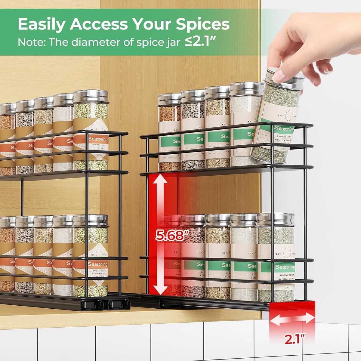 Pull Out Spice Rack Organizer for Cabinet, Slide Out Spice Racks, Easy to Install Spice Cabinet Organizers, 7.4" Wx10.43 Dx8.26 H, 3 Drawers 2 Tiers(Black)