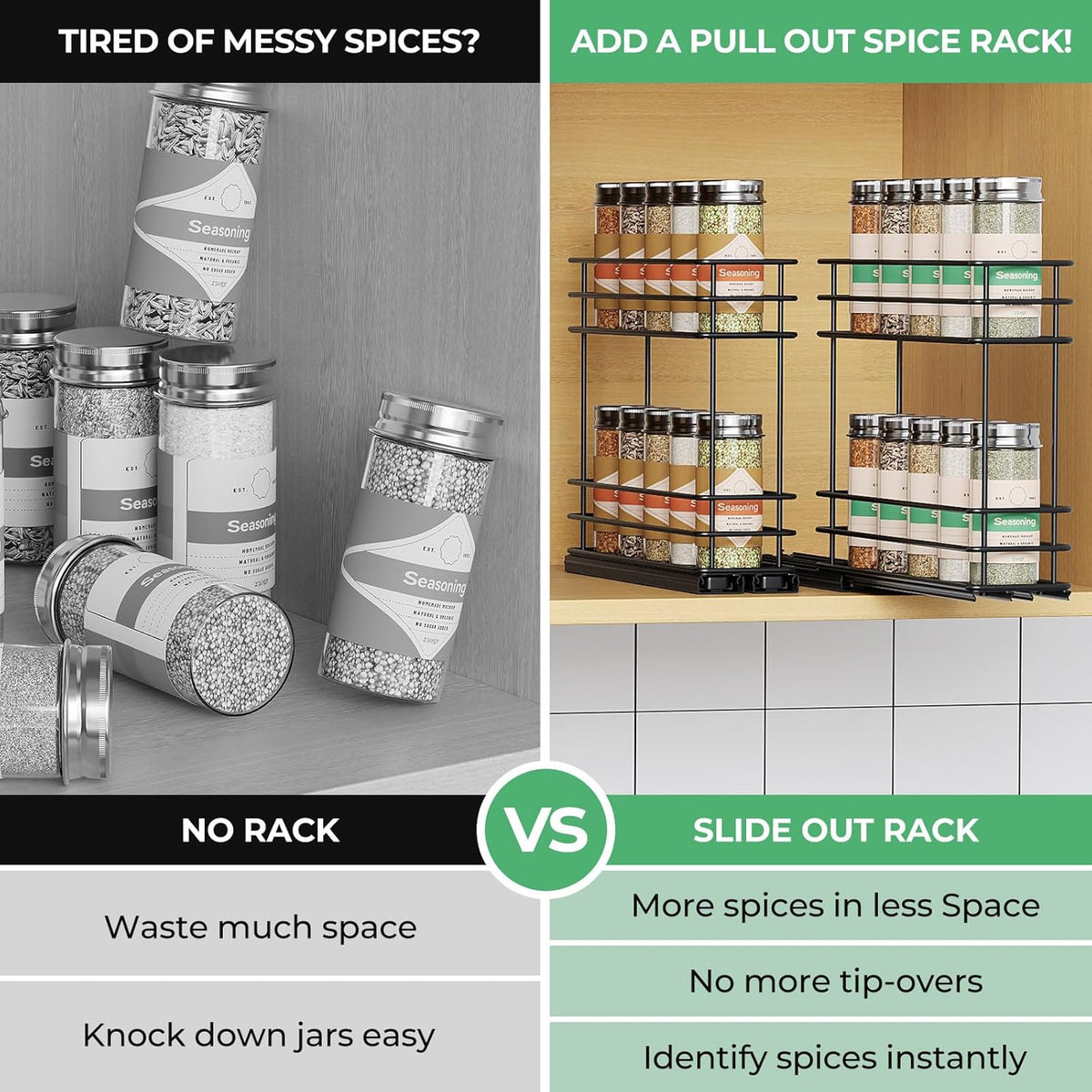 Pull Out Spice Rack Organizer for Cabinet, Slide Out Spice Racks, Easy to Install Spice Cabinet Organizers, 7.4" Wx10.43 Dx8.26 H, 3 Drawers 2 Tiers(Black)