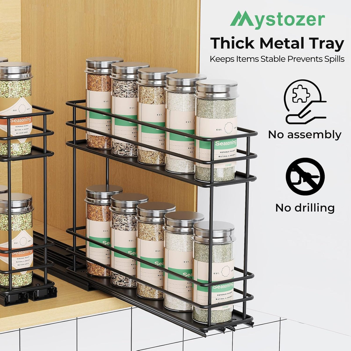 Pull Out Spice Rack Organizer for Cabinet, Slide Out Spice Racks, Easy to Install Spice Cabinet Organizers, 7.4" Wx10.43 Dx8.26 H, 3 Drawers 2 Tiers(Black)