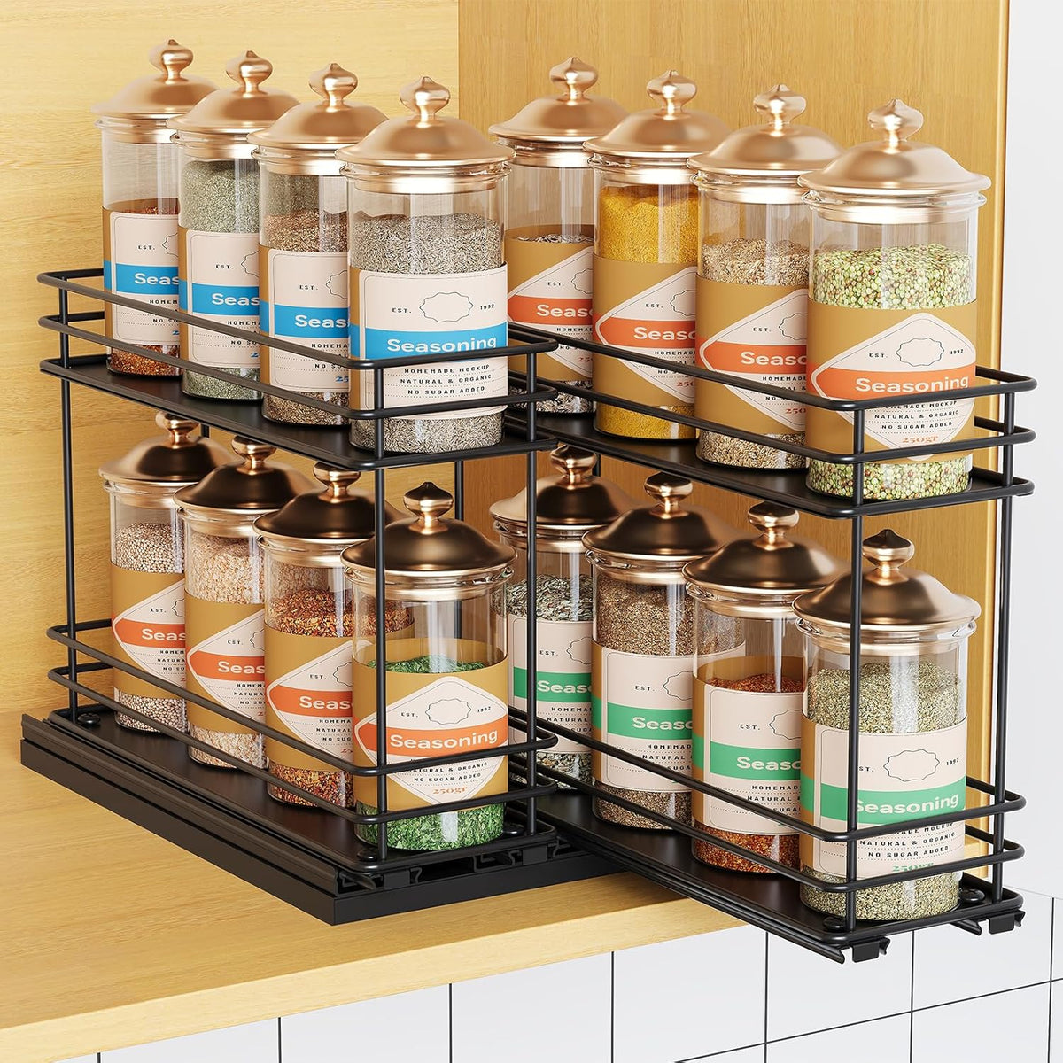 Pull Out Spice Rack Organizer for Cabinet, Slide Out Spice Racks, Easy to Install Spice Cabinet Organizers, 7.4" Wx10.43 Dx8.26 H, 3 Drawers 2 Tiers(Black)