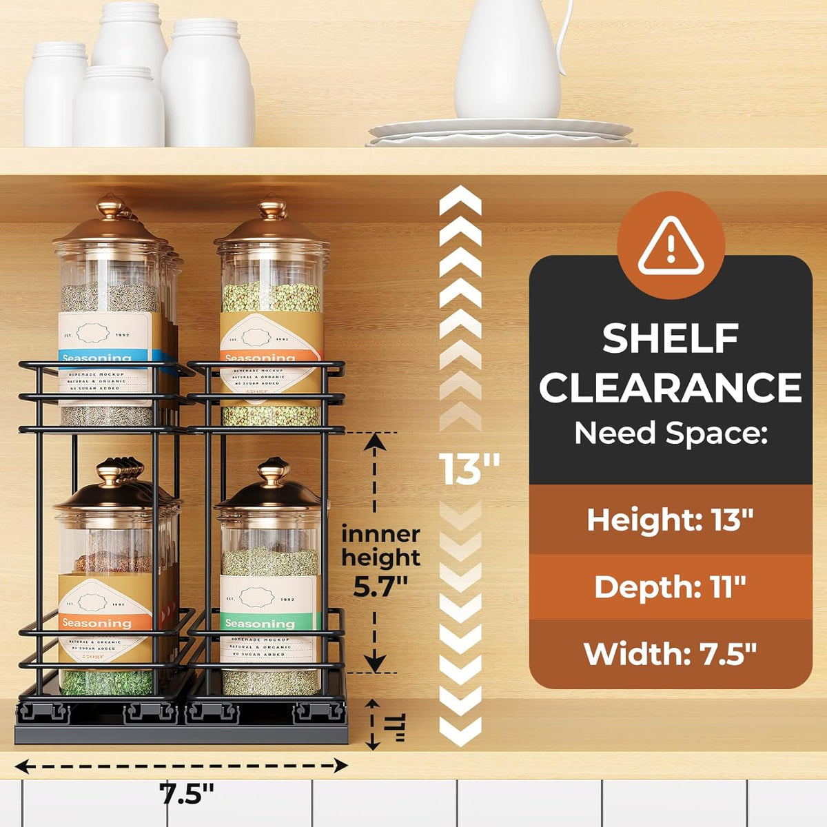 Pull Out Spice Rack Organizer for Cabinet, Slide Out Spice Racks, Easy to Install Spice Cabinet Organizers, 7.4" Wx10.43 Dx8.26 H, 3 Drawers 2 Tiers(Black)