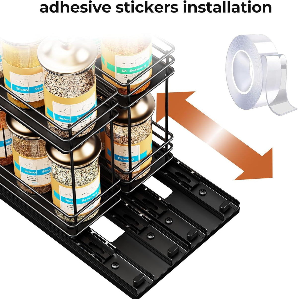 Pull Out Spice Rack Organizer for Cabinet, Slide Out Spice Racks, Easy to Install Spice Cabinet Organizers, 7.4" Wx10.43 Dx8.26 H, 3 Drawers 2 Tiers(Black)