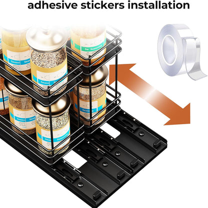 Pull Out Spice Rack Organizer for Cabinet, Slide Out Spice Racks, Easy to Install Spice Cabinet Organizers, 7.4" Wx10.43 Dx8.26 H, 3 Drawers 2 Tiers(Black)